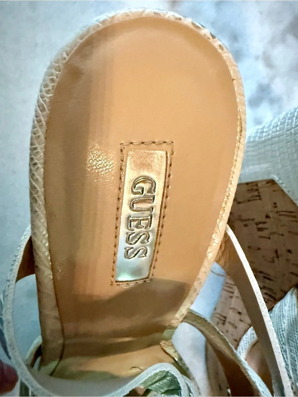 GUESS White Textured Cork Wedge Sandals